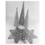Group of Three Shiny Silver Trees & Hanging Snowflakes