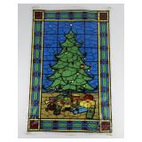Vintage Set of 3 Transparent Holiday Fantasy Stained Glass Windows "Jolly Santa, Gift Laden Tree, & Santa