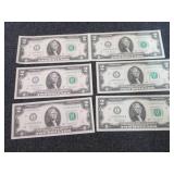 6 Sequential, Uncirculated $2 Bills...