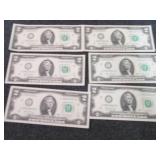 6 Sequential, Uncirculated $2 Bills...