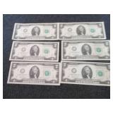 6 Sequential, Uncirculated $2 Bills...