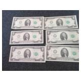 6 Sequential, Uncirculated $2 Bills...