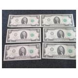 6 Sequential, Uncirculated $2 Bills...