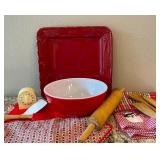 Red Pyrex 404 Bowl and Kitchen Towel Lot