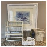 Five Piece LOT Bathroom Decor - Wicker, Framed and Matted Print by Artist Willem Haenraets