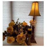 Metal and Glass Lamp with Faux Yellow Rose