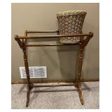 Wood Quilt Rack and Wicker Basket