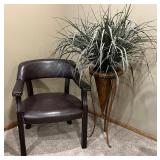 Small Leather Side Chair and Faux Plant and Stand