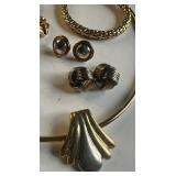 Vintage Park Lane Gold Tone Panther Link Necklace, Bracelet and Earrings and Carved Gemstones Bracelet Vintage Lot