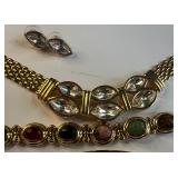 Vintage Park Lane Gold Tone Panther Link Necklace, Bracelet and Earrings and Carved Gemstones Bracelet Vintage Lot
