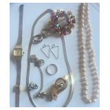Vintage Jewelry Lot Aurora Borealis Brooch, Benrus Ladies Watch Made in Italy 925 Chain