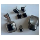 Sterling Silver and Onyx Stone Earrings, Ring, Slide and Charm