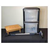 Lot of Storage Drawers, Wooden Under Desk Foot Rest, and Snow Brush with Ice Scraper