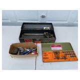Mixed Lot of Tool Box, Tap and Die Set, and Miscellaneous Tools