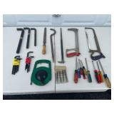 Assorted Hand Tools and Black Metal Tool Box