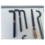 Assorted Hand Tools and Black Metal Tool Box