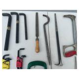 Assorted Hand Tools and Black Metal Tool Box