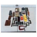 Assorted Sharpening Stones, Honing Oil, and Clamps