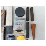 Assorted Sharpening Stones, Honing Oil, and Clamps