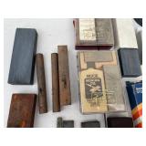 Assorted Sharpening Stones, Honing Oil, and Clamps