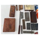 Assorted Sharpening Stones, Honing Oil, and Clamps