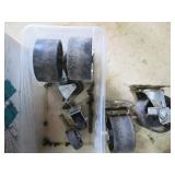 Lot of Red Scaffold Clamps, Hooks, and Caster Wheels