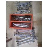 Lot of Mixed Wrenches and Orange Storage Bin
