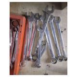 Lot of Mixed Wrenches and Orange Storage Bin