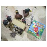 Lot of Wooden Duck and Turkey Figures, Talking Parrot Toy, Musical Instrument