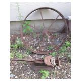 Antique Wagon Wheel and Vintage Metal Tool