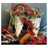 Holiday Decor with Two Wall Hangings Tree Bark, Red