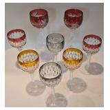 Remarkable Crystal Stemware Grouping including Pair of Anne Hutte Cranberry Wine Glasses