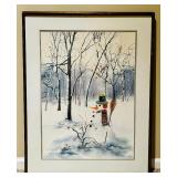 Vintage Framed Watercolor Painting, Winter Snowman by Jean Haefele