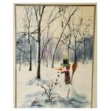 Vintage Framed Watercolor Painting, Winter Snowman by Jean Haefele