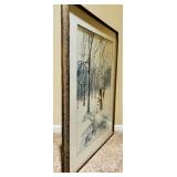 Vintage Framed Watercolor Painting, Winter Snowman by Jean Haefele