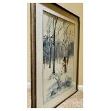 Vintage Framed Watercolor Painting, Winter Snowman by Jean Haefele