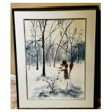 Vintage Framed Watercolor Painting, Winter Snowman by Jean Haefele