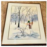 Vintage Framed Watercolor Painting, Winter Snowman by Jean Haefele