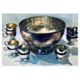 Dramatic Vintage Punch Bowl with 12 Lovely Cups