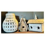 Cozy Decor Including White Ceramic Potter Barn Lantern and Whitewashed Bird Houses