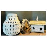 Cozy Decor Including White Ceramic Potter Barn Lantern and Whitewashed Bird Houses
