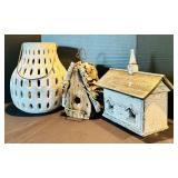 Cozy Decor Including White Ceramic Potter Barn Lantern and Whitewashed Bird Houses