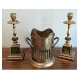 Brass Candleholders and Bottle Holder