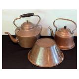 Vintage Copper Kettles and Bowl