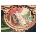 Antique European Cartouche Gold Gilt Mirror - Signed Handpainted Portrait Inlay