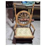 Antique Oak Rocking Chair with Spindle Ships Wheel Back and Upholstered Seat