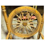 Antique Oak Rocking Chair with Spindle Ships Wheel Back and Upholstered Seat