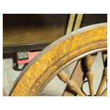 Antique Oak Rocking Chair with Spindle Ships Wheel Back and Upholstered Seat