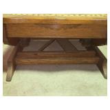 Antique Oak Rocking Chair with Spindle Ships Wheel Back and Upholstered Seat