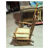 Antique Oak Rocking Chair with Spindle Ships Wheel Back and Upholstered Seat